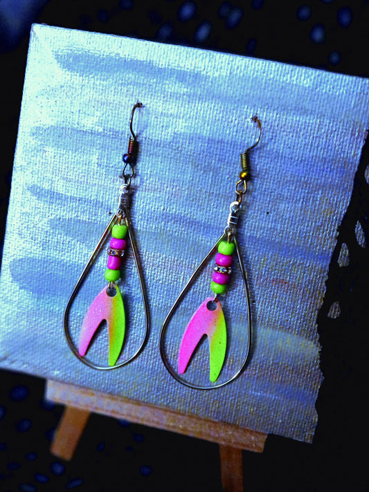 "Hot Pink n Green" framed Spinner blade style earrings